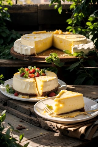 Food photography, enormously big cheese cake, yellow color theme, dripping cheese, soda, salad, served on rock, restaurant, side window, sunlight, contrasty, shadows, bokeh,foodstyle
