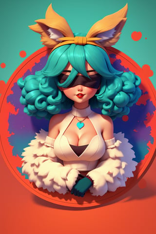 1girl, wlop, (blindfold), breasts, cleavage, cleavage cutout, dress cutout, green background, hair between eyes, headband, high resolution, juliet sleeves, long sleeves, nier (series), nier automata, fluffy sleeves, red lips, shadow face, short hair, solo, turtleneck sweater, upper body, l blue hair, sky, white fox ears, white fox tail, nine-tailed fox,LODBG,Isometric_Setting