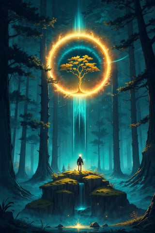 a large circle of a person above a tree in an image, in the style of vibrant fantasy landscapes, teal and yellow, energy-filled illustrations, hikecore, sublime wilderness, poster art