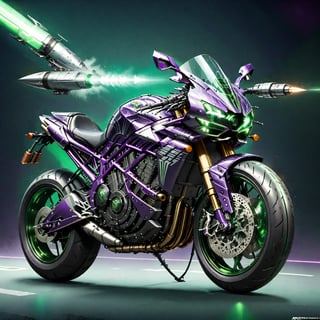 futuristic_and_detailed,
the fusion of H2_ZX1000N_style_motorcycles and and rockets, replica_motorcycle, green and metal silver, light_deep_purple_decoration,
8k, cinematic_lighting,cyberpunk, cinematic_lighting, side_view,
