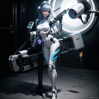 A woman, big sniper rifle, wearing white wick suit with parts in blue + robotic armor with lights, wearing helmet with transparent colored visor, blue hair, rebellious hair, messy hair, hair with bangs in front of the eye, looking at the viewer, (((sensual pose with interaction and leaning on anything+object+leaning against))), in a spaceship with many structures,  equipment, robots, computers, elevator, ((full body):1.5), 16K, UHD, unreal engine 5, quality max, max resolution, ultra-realistic, ultra-detailed, maximum sharpness, ((perfect_hands):1), Goodhands-beta2, [super metroid], cyberware, cybernetic