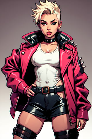 sole female, sexy lips, short spiked hair, jacket, bounty hunter