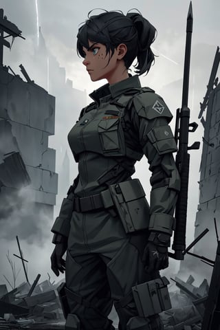 A courageous military woman from the armed forces, dressed in a modern combat suit, stands tall in the middle of the battlefield after an intense and challenging fight, The setting is represented in an artistic style inspired by open-world 3D video games (3DMM), with realistic details and a focus on a dark and eerie atmosphere, The scene is bathed in dark and dramatic lighting, with dim and scattered rays of light highlighting the darkest corners of the battlefield and accentuating the determined features of the character, Predominantly dark and cold tones, such as deep grays, profound blacks, and touches of blue and green, contribute to the gloomy and mysterious air of the image, The protagonist is positioned in the center of the image, holding a weapon and wearing a determined expression on her face. The background displays a devastated landscape with remnants of destroyed buildings and subtle smoke that adds to the eerie atmosphere, The image is generated using a high-quality 3D model to achieve a photorealistic look and precise details in the military attire, weapons, and the surrounding environment, The camera adopts a slightly low perspective to emphasize the strength and bravery of the military woman while capturing the somber majesty of the combat setting, The image is created using professional 3D modeling techniques, with special attention given to details in the design of the military suit and weapons to ensure a high level of realism.