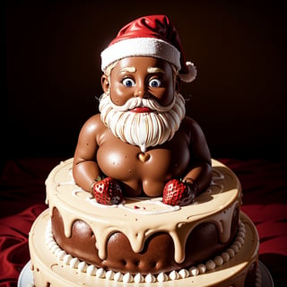 a chocolate Santa Claus made of chocolate with a background of a giant white cake and strawberry