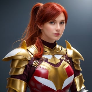 (8k, RAW photo, best quality, masterpiece:1.2), (realistic, photo-realistic:1.4), (extremely detailed CG unity 8k wallpaper), a full body (rogue:1.1) female wearing gold (leather armor:1.3), stiched worn out armor, (insanely detailed:1.5), gold and (white:1.5), Concept art portrait by Greg rutkowski, Artgerm, hyperdetailed intricately detailed gothic art trending on Artstation, fantastical, intricate detail, (small blue highlights:1), (redhead, wavy hair, high ponytail: 1.4)