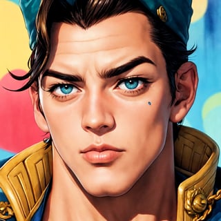 (jotaro kujo) in the style of hirohiko araki,zoomed in on face, focused on face, blue highlights,looking at viewer, watercolor, manga, aristocratic youth, jojo's bizzare adventure 