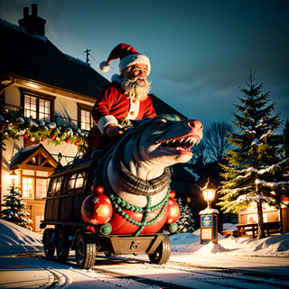 (best quality,4k,8k,highres,masterpiece:1.2), realistic, detailed, vibrant colors, professional, HDR, Santa Claus riding a giant lizard and delivering gifts, illustration, Christmas atmosphere, joyful, magical, snowy landscape, glowing Christmas lights, children's excitement, festive decorations, cozy fireplace, cozy home