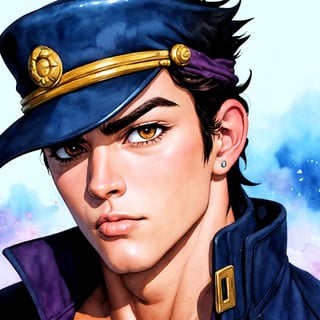(jotaro kujo) in the style of hirohiko araki,zoomed in on face, focused on face, blue highlights,looking at viewer, watercolor, manga, aristocratic youth, jojo's bizzare adventure 