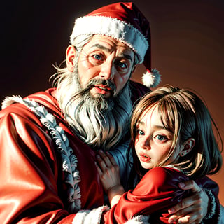 Scared Santa,illustration, open mouth,detailed facial features,colorful background,shiny red costume,cartoon-style,expressive eyes,worried expression,white beard,comforting children,festive atmosphere,masterpiece:1.2,ultra-detailed,realistic,studio lighting,vivid colors