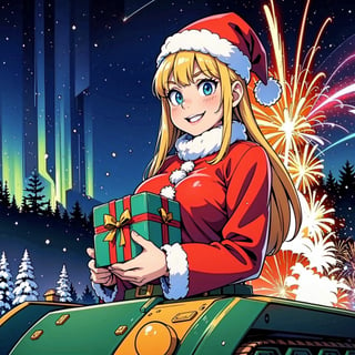 santa claus, in a military tank, smiling, with gifts, christmas trees, bright decorations, snowing, colorful, fireworks, winter forest, bright lights, immense joy, dark sky, aurora borealis, festive scene, magical presents, space illusions,girl