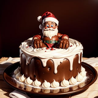 a chocolate Santa Claus made of chocolate with a background of a giant white cake and strawberry
