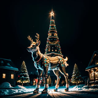 an extremely detailed robotic reindeer with neon lights near Santa's house, oil painting, snowy landscape, vibrant colors, magical atmosphere, shiny metallic exterior, realistic eyes and fur details, intricate mechanical joints, glowing neon patterns, crisp and sharp focus, professional craftsmanship, high-res masterpiece:1.2, winter wonderland scenery, sparkling starry sky, Santa's workshop in the background