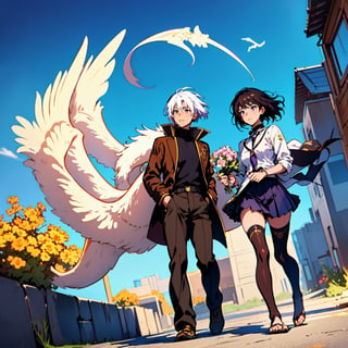 Anime couples are walking in a sci-fi city full of feasting and debauchery. A waist-length girl with white hair and golden pupils is leading a man with medium hair. Shadows of dragons and phoenixes emerge behind them. Close-up perspective. Concept art Makoto Shinkai, pixiv winner, romanticism, Makoto Shinkai Cyril Rolando, love concept art, ros trance. Landscape background, Ross Tran and Makoto Shinkai, Ross Tran and Ilya Kuvshinov, Loish and Ross Tran.