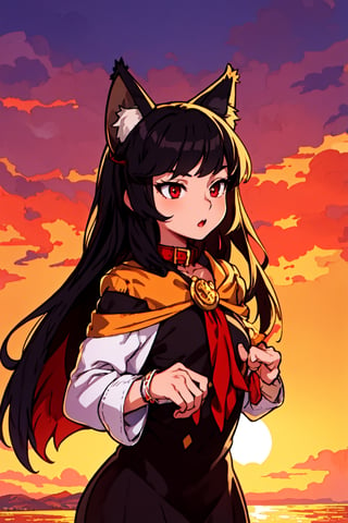 Don't Starve style, masterpiece, best quality, ultra-detailed, illustration, 1girl, black long hair, full red eyes, wolf ears, black mantle, fluffy collar, sunset