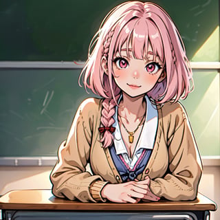 (((anime))), ((animated)), (GAL), medium hair, (braid hair:1.3), (blunt bangs:1.2),two-tone hair, blonde hair, (pink hair), round face, red eyes, (drooping eyes), (((tareme))),Pink Lip,piercing,necklace,[black skin], light smile, ((((cute)))), beautiful, 1 girl, solo, (cardigan:1.4), [cleavage cutout],peace sign,beautiful background,(classroom:1.5),evening,sunlight,backlighting,masterpiece,best quality,exquisite,8k,absurdres,super fine illustration,(looking at viewer)