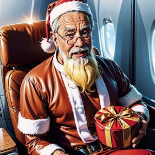 (best quality, highres, realistic:1.37), detailed Santa Claus (papa noel,  santa claus,  christmas) delivering (gifts,  presents) on an (airplane,  plane), 