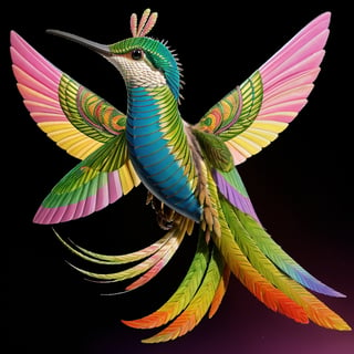 In this tattoo design, create a surreal creature that fuses the features of a hummingbird, a snake, and a cactus, with intricate details such as iridescent feathers, vibrant green scales with spines, and delicate flower blooms growing from the creature's prickly body, set against a dark and moody background with hints of sunset hues, to create a mesmerizing and unforgettable image.  