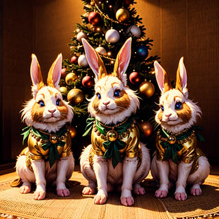 Mythical Gifts, diamond-made rabbits, near a Christmas tree, oil painting, ultra-detailed, stunningly detailed eyes, festive atmosphere, glittering ornaments, magical aura, enchanted forest background, vivid colors, soft lighting