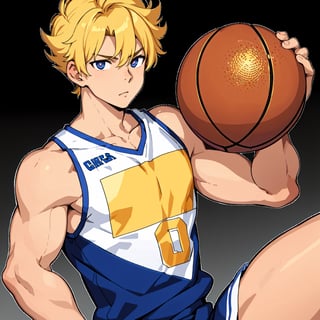 Masterpiece, anime CG, boy, white spiked short hair, wheat-colored skin, muscles, sports boy, wearing basketball uniform, smooth texture, silk texture , golden pupils, perfect eyes  