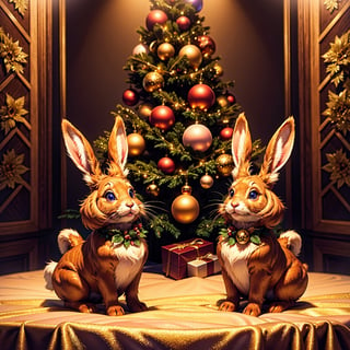 Mythical Gifts, diamond-made rabbits, near a Christmas tree, oil painting, ultra-detailed, stunningly detailed eyes, festive atmosphere, glittering ornaments, magical aura, enchanted forest background, vivid colors, soft lighting