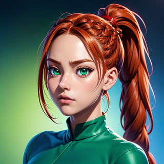 anime, hda, a close up of a woman with ((red braided low ponytail hair)) and (((the most beautiful green eyes))) in (((blue outfit))), (((determined)), 8k, Unreal Engine 5, octane render, by kyun, gamang, Yoon Gon-Ji, g.ho, gosonjak, shuroop, serious, domi, noah, trending on pixiv, fanbox, skeb, masterpiece, detailed face, smooth soft skin, big dreamy eyes, beautiful intricate colored hair, symmetrical, anime wide eyes, soft lighting, concept art, digital painting,