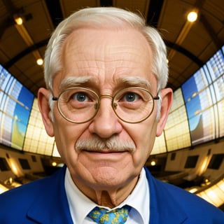 1 old man with short white hair dressed as a scientist, with a surprised expression (1.2), and a large scientific observatory with many large screens in the background