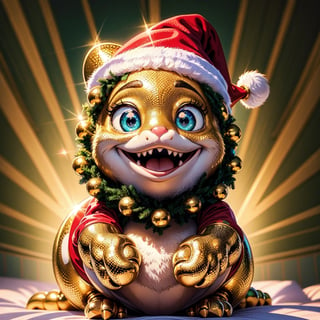(best quality,4k,8k,highres,masterpiece:1.2),ultra-detailed,(realistic,photorealistic,photo-realistic:1.37),cute cartoon-style dinosaur with Christmas ornaments,soft and fluffy,cartoonish face,big bright eyes,adorable little nose and mouth,shiny golden ornaments hanging from its green scales,sparkling red Santa hat on its head,magical snowflakes falling gently around the dinosaur,cheerful and vibrant colors,soft sunlight shining through the trees,creating a warm and festive atmosphere