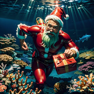A Santa Claus in a scuba diving suit, underwater (best quality, highres, ultra-detailed), vibrant colors, shining lights, underwater exploration, magical underwater landscape, beautiful marine life, Santa Claus delivering gifts to sea creatures, coral reefs, bubbles floating around Santa Claus, Santa Claus swimming gracefully, captivating underwater scene, realistic underwater environment,