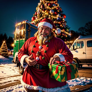 (best quality,highres,masterpiece:1.2),ultra-detailed,(realistic:1.37),(colorful vibrant:1.2) Santa Claus bringing gifts on a truck,illustration,Christmas theme,reindeers pulling the truck,excited children,winter wonderland scene,sparkling snow,cute and lively expressions,festive atmosphere,beautifully decorated tree,joyful laughter,happy anticipation,warm and cozy glow,delightful surprises,flying sleigh,playful elves,golden star atop the tree,ornaments twinkling,red and green color palette,magical lighting,smiling Santa with a long white beard.