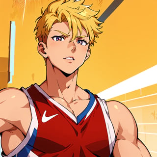 Masterpiece, anime CG, boy, white spiked short hair, wheat-colored skin, muscles, sports boy, wearing basketball uniform, smooth texture, silk texture , golden pupils, perfect eyes  