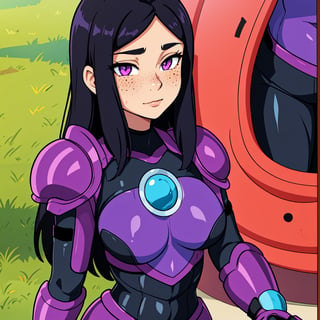  woman with wavy black hair and purple eyes, black alien armor, freckles, blush, eyeshadow, cute face