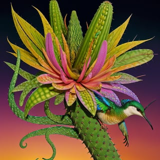 In this tattoo design, create a surreal creature that fuses the features of a hummingbird, a snake, and a cactus, with intricate details such as iridescent feathers, vibrant green scales with spines, and delicate flower blooms growing from the creature's prickly body, set against a dark and moody background with hints of sunset hues, to create a mesmerizing and unforgettable image.  