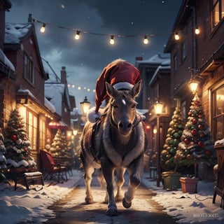 A small gift donkey near a Christmas tree,medium:traditional oil painting,fluffy fur,long ears and tail,bright eyes and friendly expression,colored Christmas lights,sparkling ornaments,soft snowflakes falling from the sky,cozy winter atmosphere.(best quality,4k,8k,highres,masterpiece:1.2),ultra-detailed,(realistic,photorealistic,photo-realistic:1.37),HDR,UHD,studio lighting,physically-based rendering,vivid colors,warm color palette,soft and diffused light.