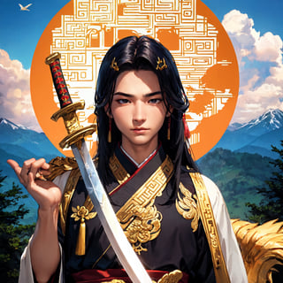 UHD,masterpiece,award winning,best quality,highres,8k,high details,(A man:1.6),Perfect face,long black hair,Chinese ancient hair accessories,blonde hair accessories,(Face the lens:1.4),(Handheld sword:1.5),Hand-held scabbard,ancient chinese robes,Martial arts,outlaw star,bougu,jump up,There's a dragon behind,Chinese Dragon,Patron saint,The background is mountains and trees,Mountain,Pavilion,pine tree,Bright Sky,white cloud,a cloudy sky,loong,,ancient oriental architecture,ancient chinese architecture,