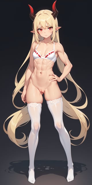 (1girl), (demon),human ears, nude, long blonde hair, red eyes, (smallbreasts), sad_face, pussy, empty_background, full_body, fantasy, muscular_body, very skinny body, white bra, white stockings,tan skin