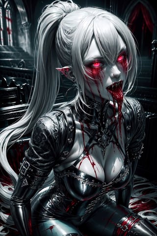woman, 23, vampiric,  silver hair, high long ponytail, ((leather leggings, corset),  stiletto boots, black lips, (pretty light blue glowing eyes), pretty face, teasing, evil look, (blood dripping from mouth), decayed church, blurry background, vamptech,manga panel,monochrome, full length,sketch