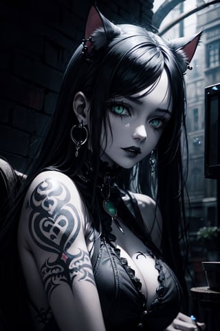 A twenty-something antropomorph cat with blue skin, cat ears, earrings, cat teeth and bright fluorescent green eyes. She has gothic-style black hair, tattoos and black horns.