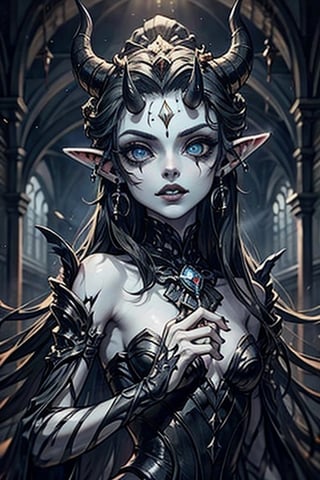 A masterpiece depicting a beautiful blue-skinned female creature, dressed in black, very elegant, with bright, luminous eyes, two small, pointed black horns on her head, short black hair, a very long, straight nose, small black lips and goblin ears with black earrings.