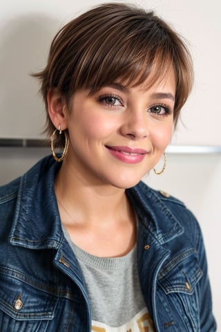 1girl, solo, looking at viewer, smile, short hair, brown hair, brown eyes, jewelry, jacket, upper body, earrings, lips, denim, blue jacket, realistic, denim jacket