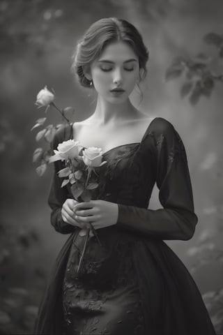 A young woman in a serene (((monochrome setting))), wearing a flowing dress that seems to be made of misty moonlight. Her porcelain-like complexion glows softly under the subtle lighting. One delicate rose rests against her pale lips, as if kissed by the morning dew. The overall mood is tranquil, with the gentle flower and soft focus drawing attention to the subject's ethereal beauty.,more detail XL