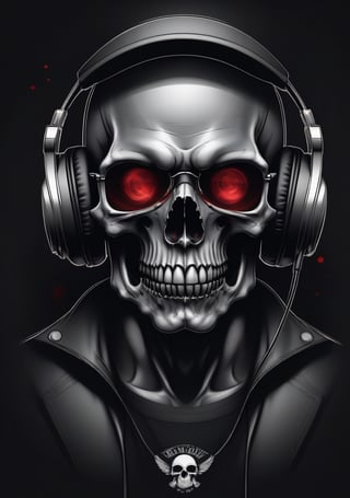 A detailed illustration a dead skull, wearing t-shirt, red swirl eyes, headbanger mood, gothic art, black & white colors, t-shirt design, cracked glass backgroud, t-shirt design, b&w, bokeh, Adobe Illustrator, hand-drawn, digital painting, high-poly, soft lighting, bird's-eye view, isometric style, retro aesthetic, focused on the character, 4K resolution, photorealistic rendering, using Cinema 4D, headphones