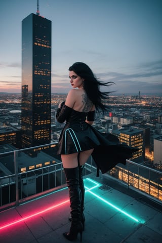 In a vibrant cyberpunk metropolis, a stunning goth girl strikes a dynamic pose on the rooftop of a towering skyscraper. Neon lights illuminate her strapless black dress, as holographic advertisements dance in the night air. Her long, raven-black hair cascades down her back, while thigh-high boots and white footwear gleam under the city's atmospheric lighting. The cityscape stretches out before her, with intricate details and rich textures on every building. A 35mm camera captures this epic moment, with a professional touch that makes it seem like an 8K masterpiece.