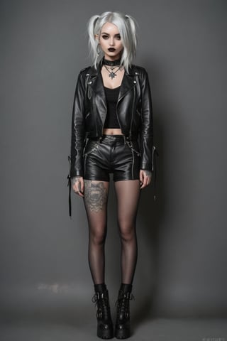 goth girl, fullbody, tattooed, leather clothes, white hair, grey theme, txznf,