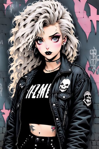 fullbody, Female goth with pale skin, long white hair, dressed in black ripped jeans with a black t-shirt and a black leather jacket with chrome studs, black lipstick, tattooed, tattooed face, tattooed body,