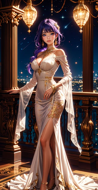 A glamorous 25-year-old woman stands on a balcony, her vibrant purple hair intricately braided, cascading gracefully over her shoulder. She poses with a tender smile and warm, inviting eyes, gazing at the stars that sprinkle the night sky. She is dressed in a stunning white gown adorned with beautiful lace details, the delicate patterns enhancing her elegance. The dress flows elegantly down to the floor, with intricate lacework at the sleeves and neckline, adding a touch of timeless charm. The balcony belongs to an elegant, opulent estate, with ornate railings and lush, cascading plants that frame her figure. Soft, ambient lighting from crystal chandeliers inside the grand hall spills out onto the balcony, casting a gentle glow. The woman exudes both sophistication and serenity, creating a mesmerizing scene of beauty and grace.,raiden_shogun_genshin, braided hair