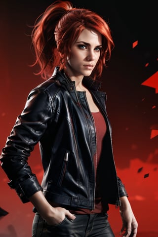 cowboy shot,  jesseC_soul3142, solo, 1girl, red hair, jacket, looking at viewer, realistic,  ponytail, Red theme, hair movement, 