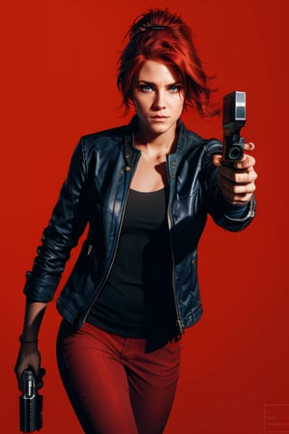 cowboy shot,  jesseC_soul3142, solo, 1girl, red hair, jacket, looking at viewer, realistic,  ponytail, Red theme, hair movement, holding a desert eagle, focus face