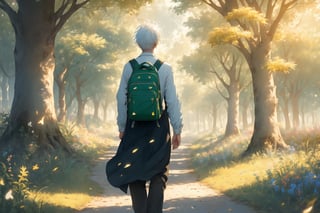  Alone, solo, realistic, masterpiece,best quality,High definition, (realistic lighting, sharp focus), high resolution, volumetric light,, From behind, A man walking alone in a green valley, A day of spring
, Light theme, White hair ,falling leaves, dim light, flowers, beauty day, cloudy sky, traveler backpack, tree leaves in the air

