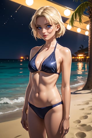 ((alone:1.5)). ((Solo:1.5)), ((MEDIUM FULL SHOT:1.5)),realistic, masterpiece,best quality,High definition, , high resolution, a 35 years old  woman in the beach at the night, blonde hair, short hair,outdoors, in the beach, bikini, ((shy smile)), red lips,  gold bikini,More Detail