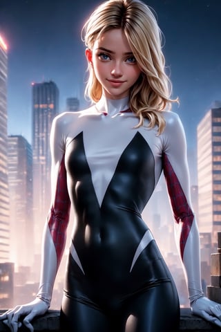 (Alone:1.5), (Solo:1.5), ((Medium full shot:1.5)), realistic, masterpiece,best quality,High definition, (realistic lighting, sharp focus), high resolution,volumetric light, outdoors, dynamic pose, BREAK, a 25 years old woman
on top of a building during a starry night, spidergirl, hair movement, blond_hair,blue_eyes, focus face,  looking at viewe, Smile,gwen, city light